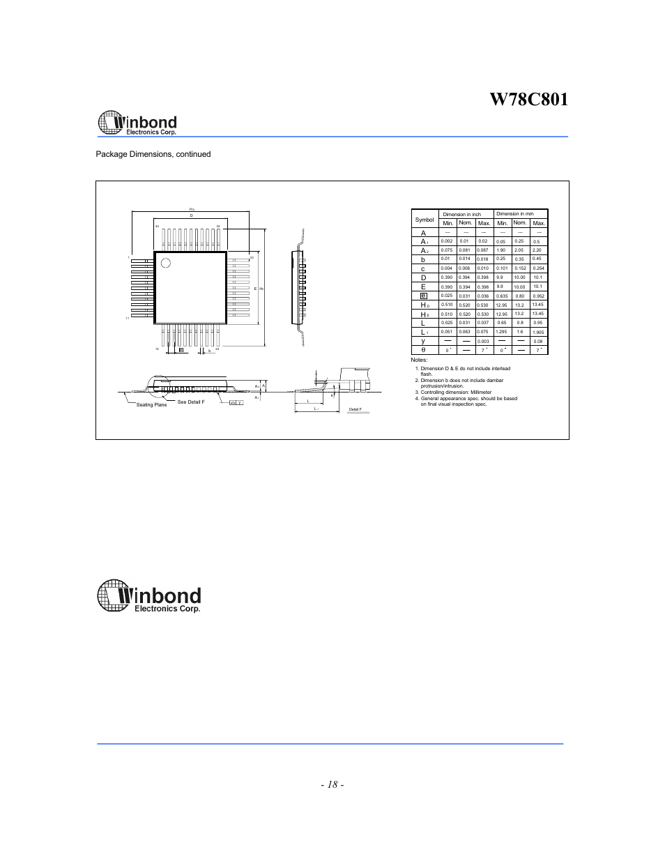 Pin pqfp, Package dimensions, continued, Headquarters | Taipei office, Winbond electronics (h.k.) ltd | Rainbow Electronics W78C801 User Manual | Page 18 / 18