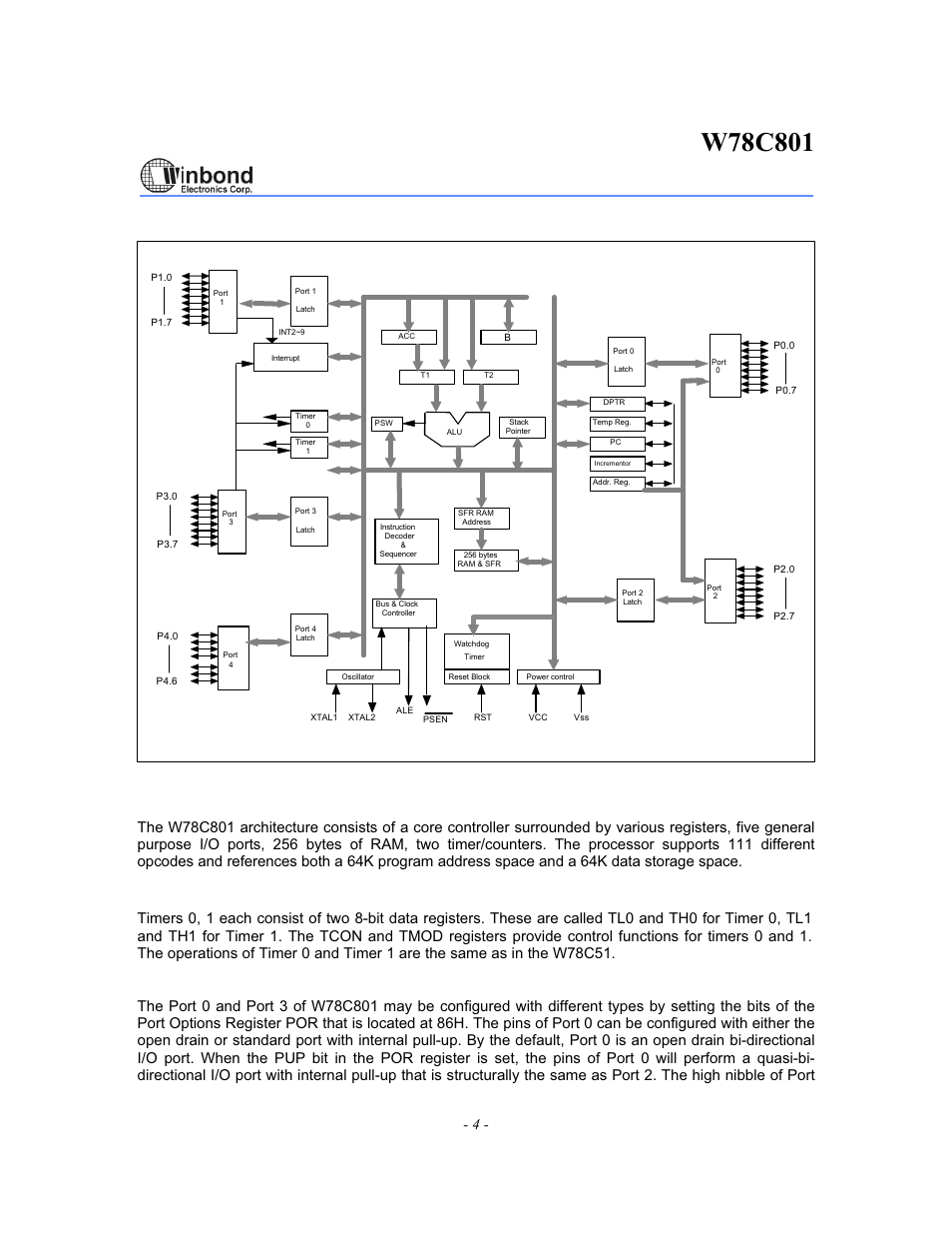 Block diagram, Functional description, Timers 0, 1 | I/o port options | Rainbow Electronics W78C801 User Manual | Page 4 / 18