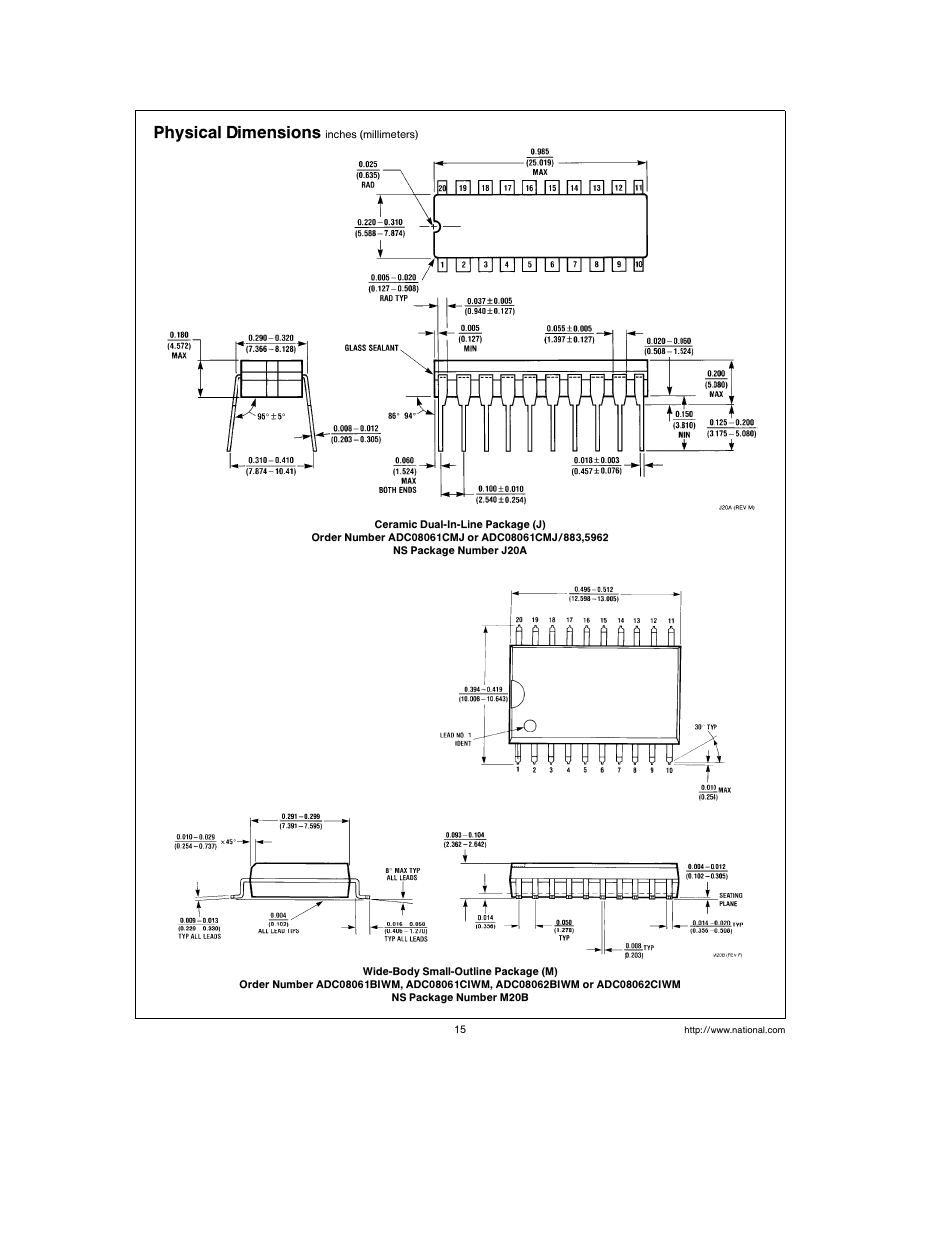 Physical dimensions | Rainbow Electronics ADC08062 User Manual | Page 15 / 16