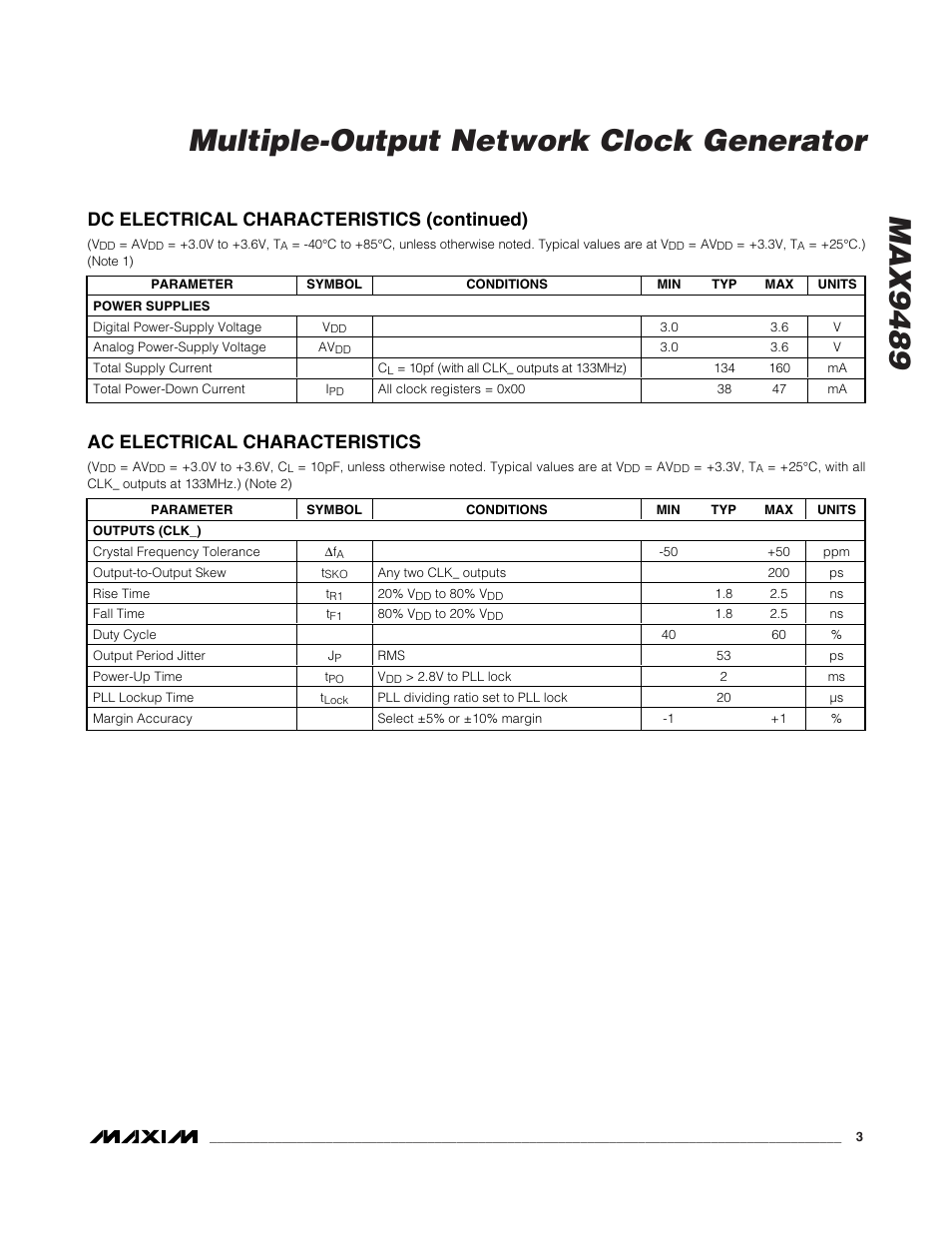 Max9489 multiple-output network clock generator, Dc electrical characteristics (continued), Ac electrical characteristics | Rainbow Electronics MAX9489 User Manual | Page 3 / 11