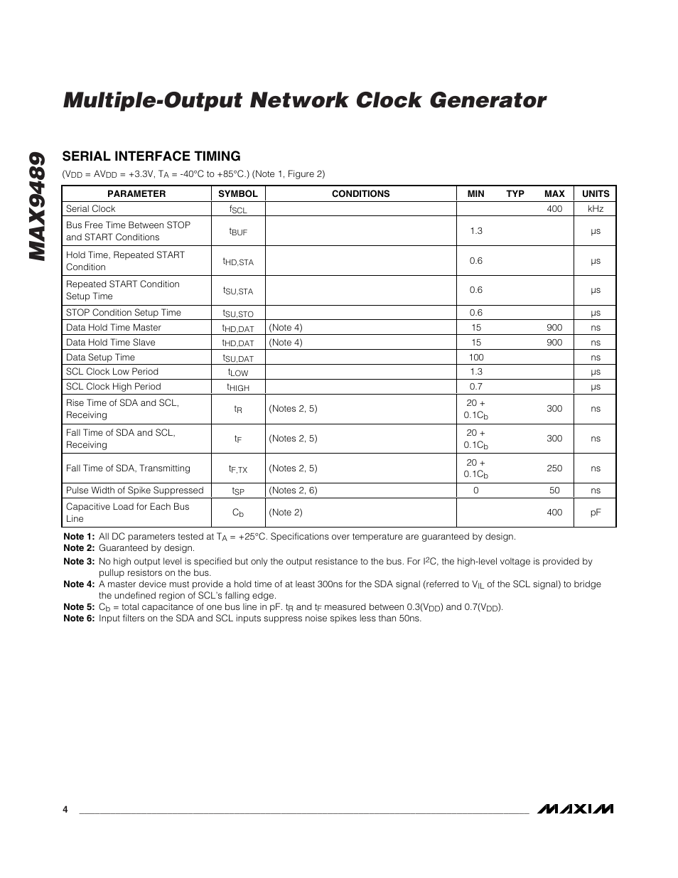 Max9489 multiple-output network clock generator, Serial interface timing | Rainbow Electronics MAX9489 User Manual | Page 4 / 11