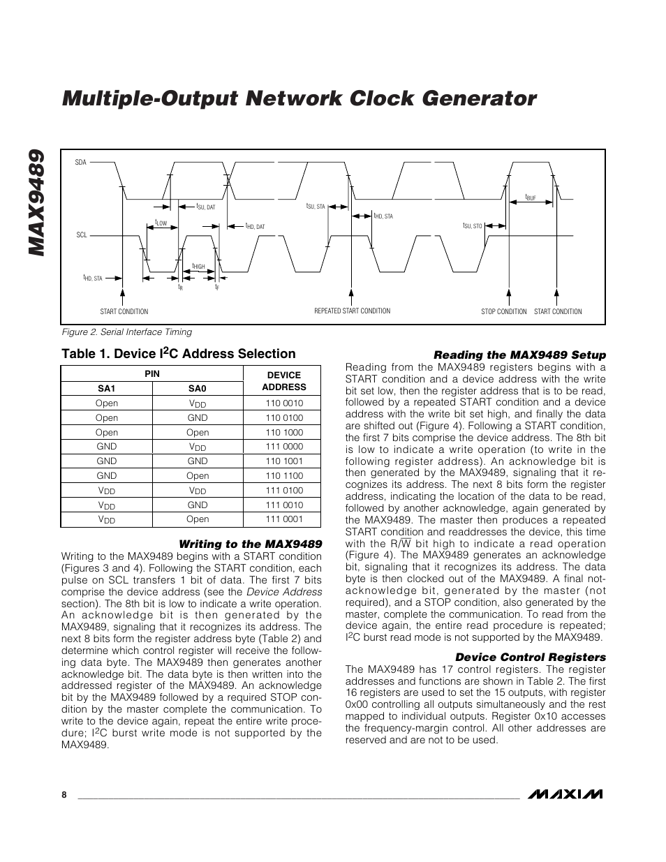 Max9489 multiple-output network clock generator, Table 1. device i, C address selection | Rainbow Electronics MAX9489 User Manual | Page 8 / 11
