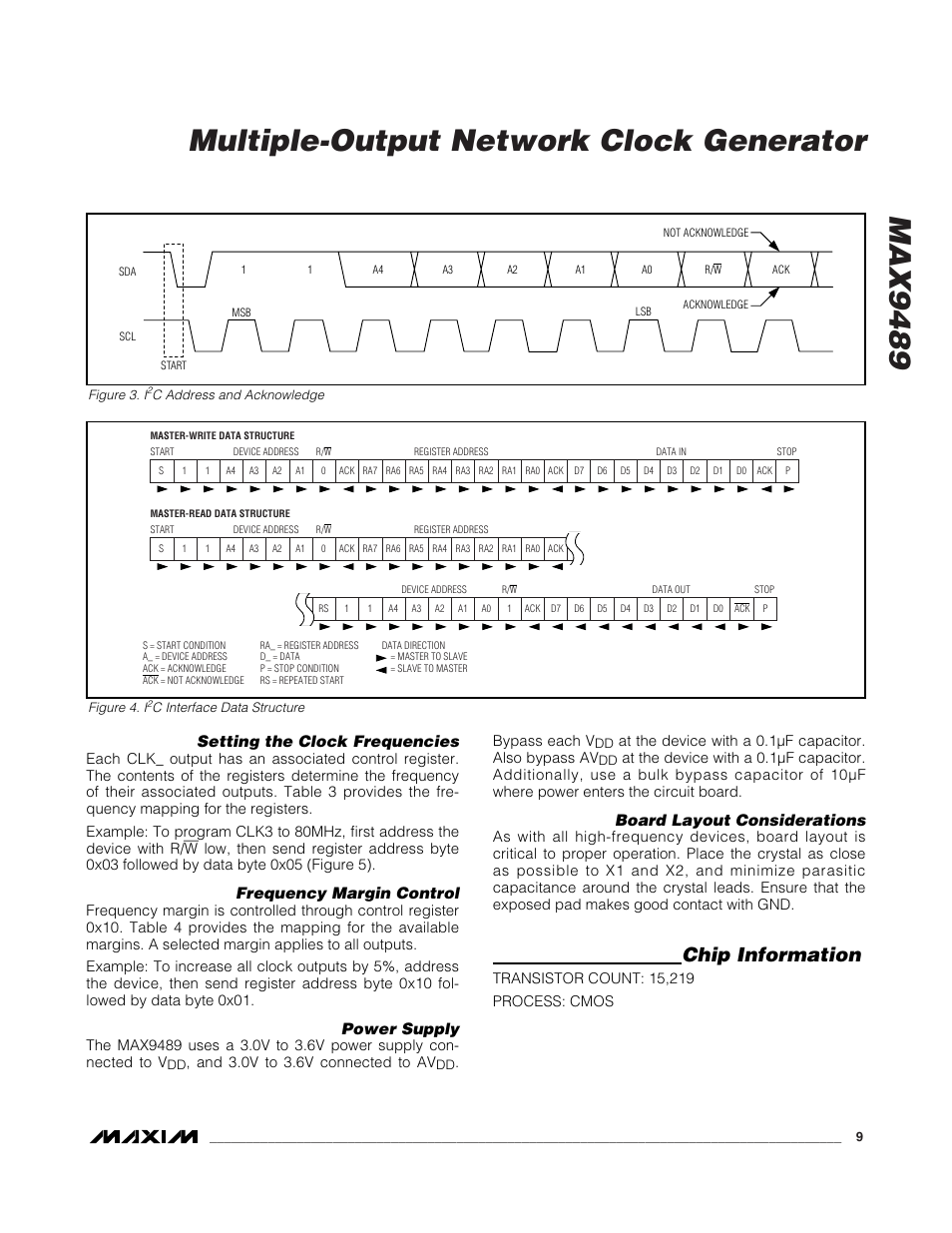 Max9489 multiple-output network clock generator, Chip information, Setting the clock frequencies | Frequency margin control, Power supply, Board layout considerations | Rainbow Electronics MAX9489 User Manual | Page 9 / 11