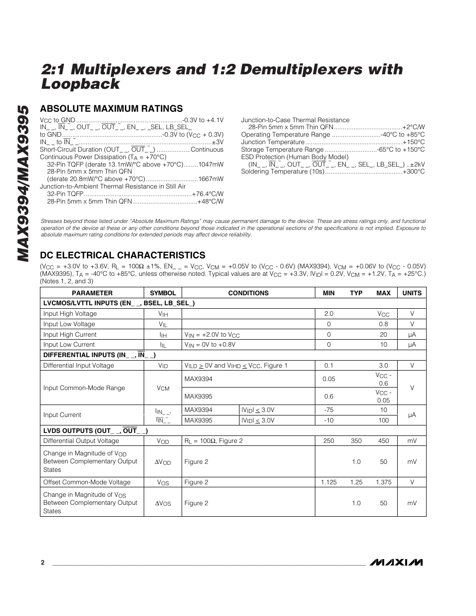 Absolute maximum ratings, Dc electrical characteristics | Rainbow Electronics MAX9395 User Manual | Page 2 / 13
