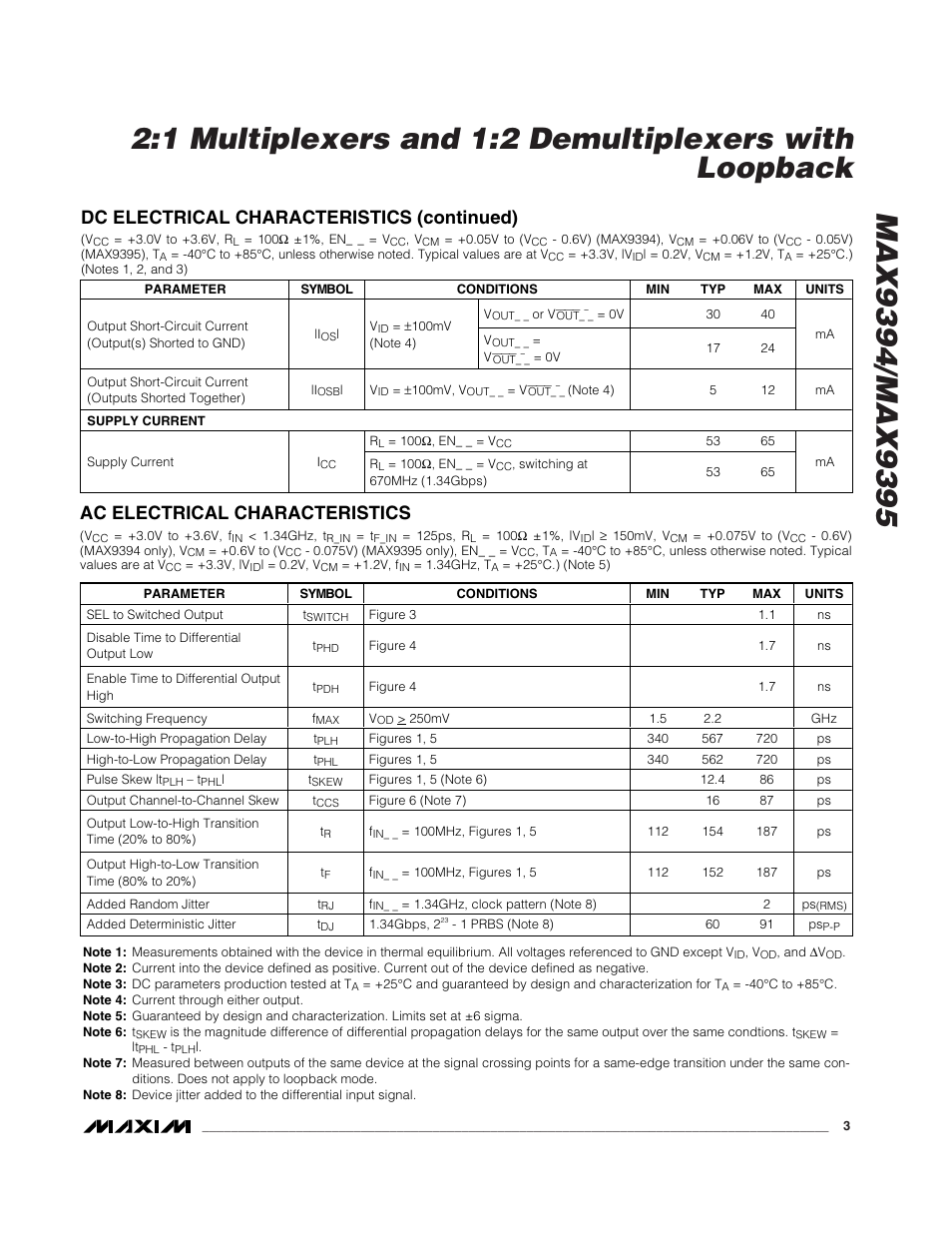 Dc electrical characteristics (continued), Ac electrical characteristics | Rainbow Electronics MAX9395 User Manual | Page 3 / 13