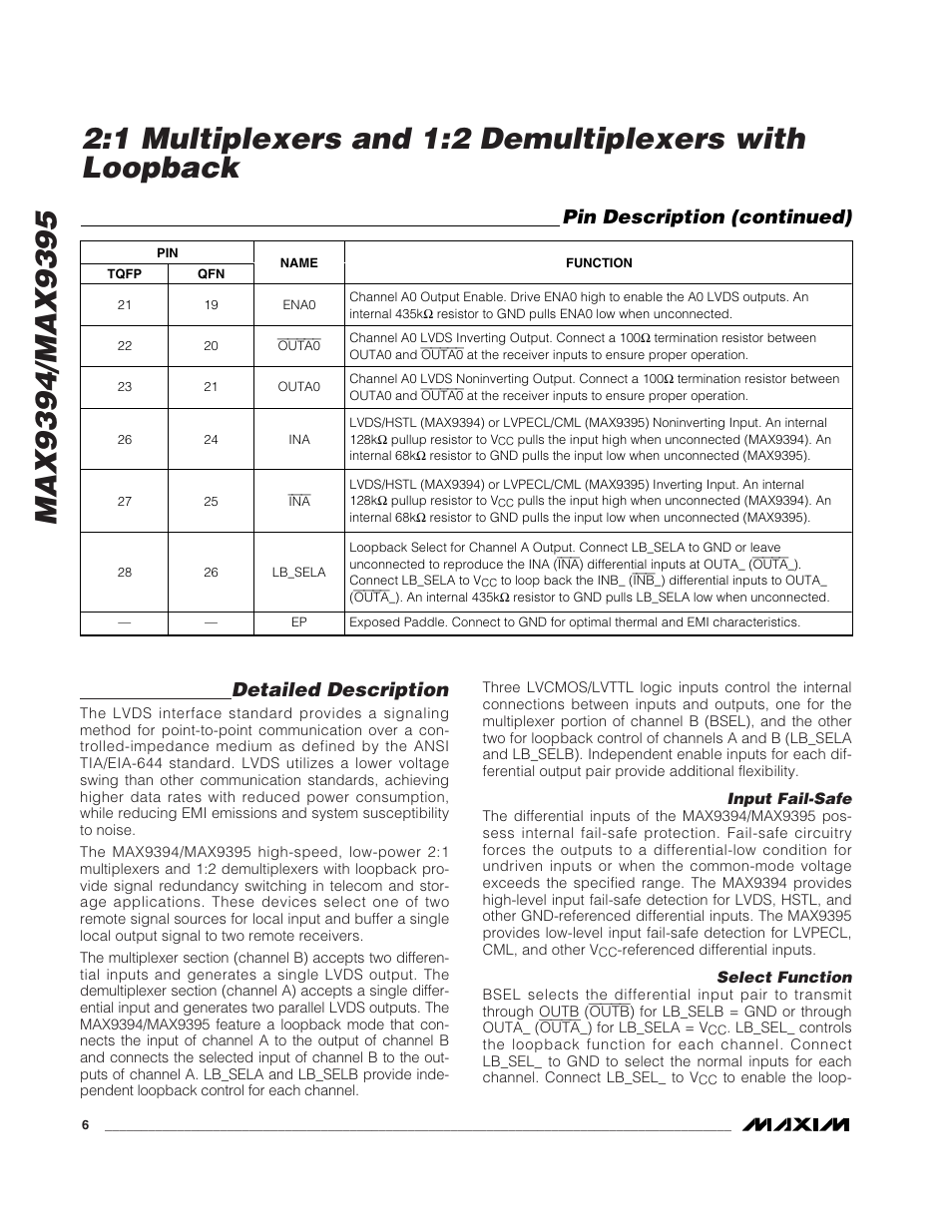 Detailed description, Pin description (continued) | Rainbow Electronics MAX9395 User Manual | Page 6 / 13