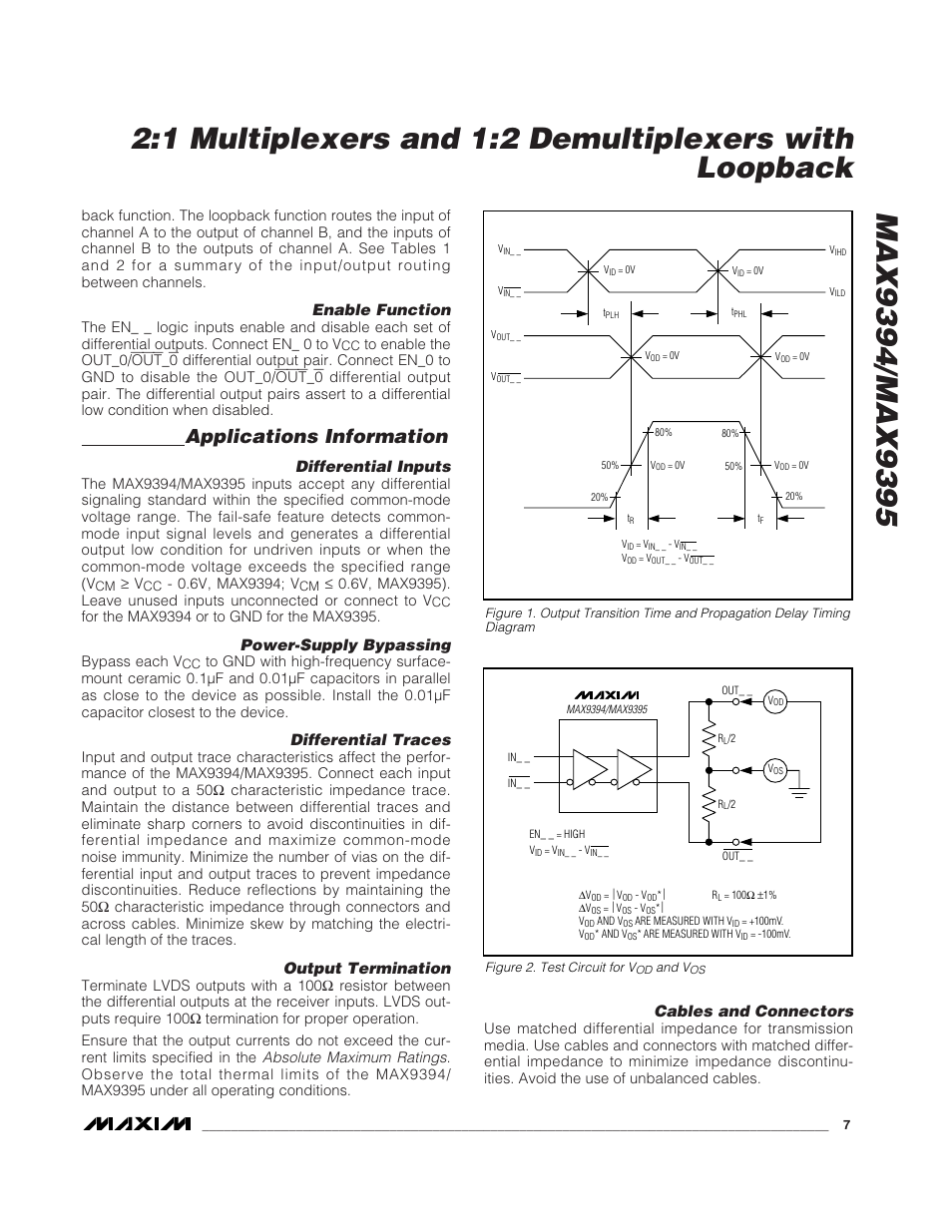 Applications information, Enable function, Differential inputs | Power-supply bypassing, Differential traces, Output termination, Cables and connectors | Rainbow Electronics MAX9395 User Manual | Page 7 / 13