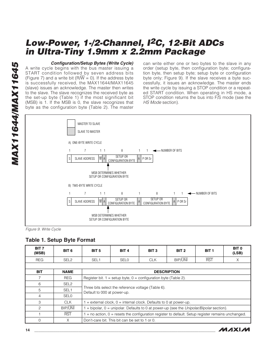 Table 1. setup byte format | Rainbow Electronics MAX11645 User Manual | Page 14 / 22