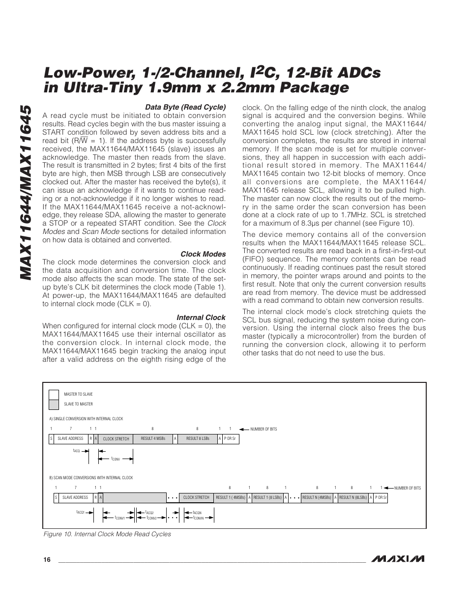 Data byte (read cycle), Clock modes, Scan mode | Internal clock | Rainbow Electronics MAX11645 User Manual | Page 16 / 22