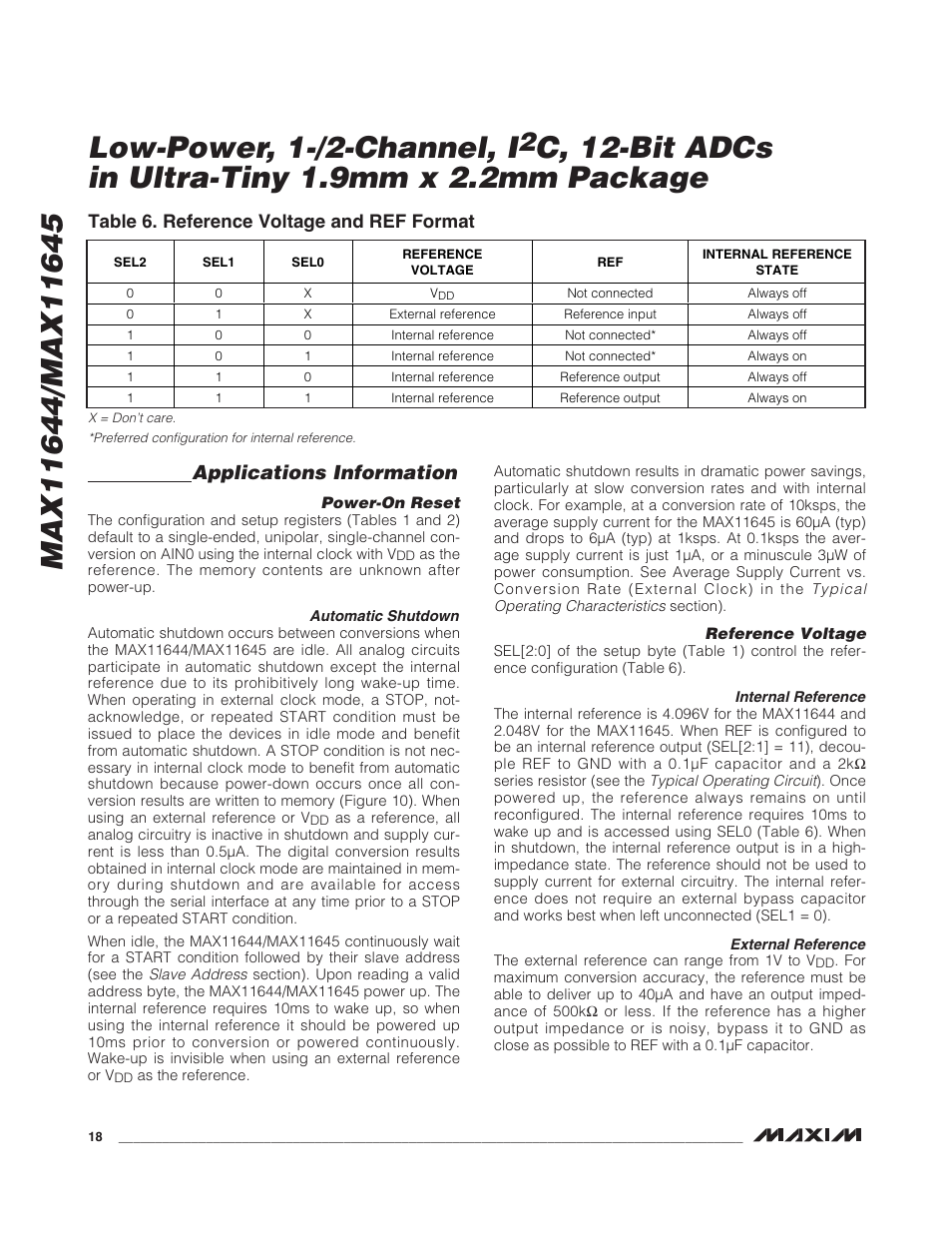 Applications information, Table 6. reference voltage and ref format | Rainbow Electronics MAX11645 User Manual | Page 18 / 22