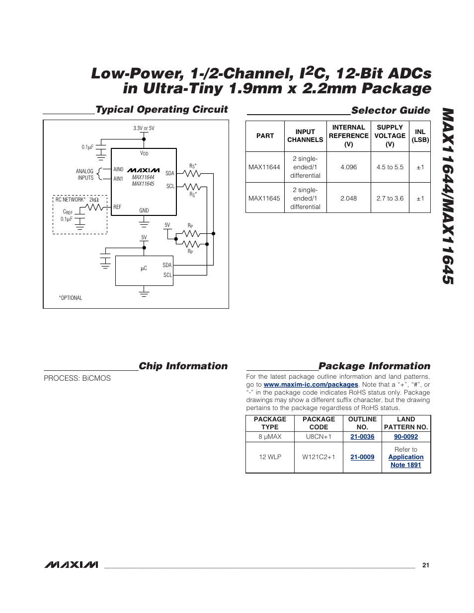 Typical operating circuit chip information, Selector guide package information | Rainbow Electronics MAX11645 User Manual | Page 21 / 22