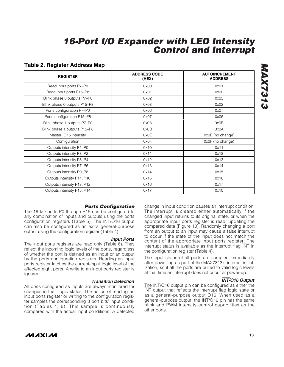Table 2. register address map | Rainbow Electronics MAX7313 User Manual | Page 13 / 27