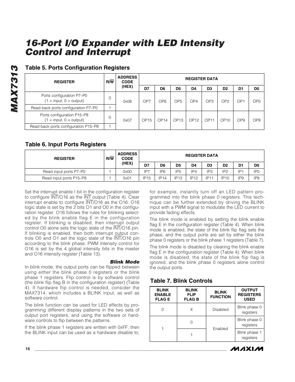 Max7313, Table 5. ports configuration registers, Table 6. input ports registers | Table 7. blink controls | Rainbow Electronics MAX7313 User Manual | Page 16 / 27