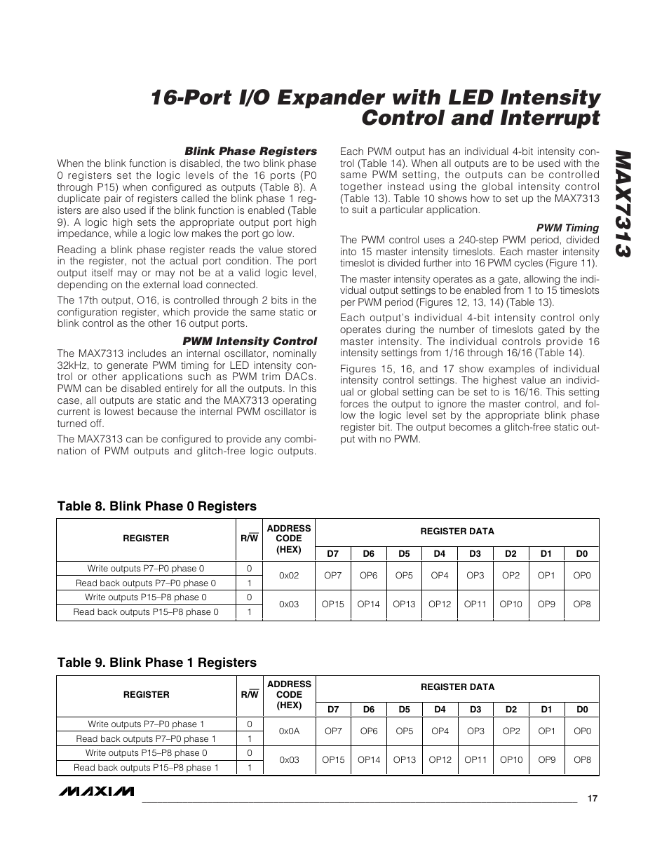 Table 8. blink phase 0 registers, Table 9. blink phase 1 registers | Rainbow Electronics MAX7313 User Manual | Page 17 / 27