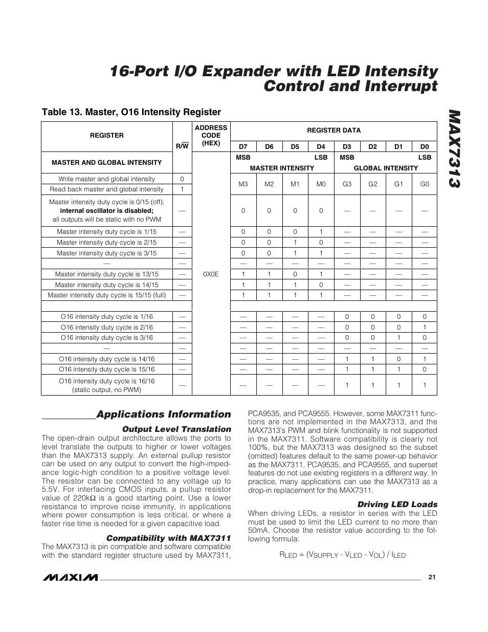 Applications information, Table 13. master, o16 intensity register | Rainbow Electronics MAX7313 User Manual | Page 21 / 27