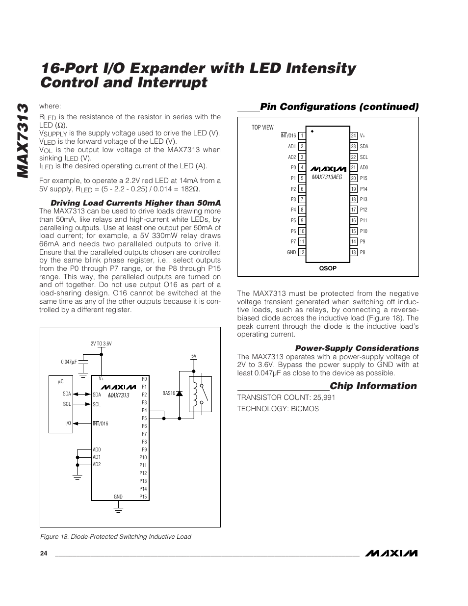 Max7313, Chip information, Pin configurations (continued) | Driving load currents higher than 50ma, Power-supply considerations | Rainbow Electronics MAX7313 User Manual | Page 24 / 27