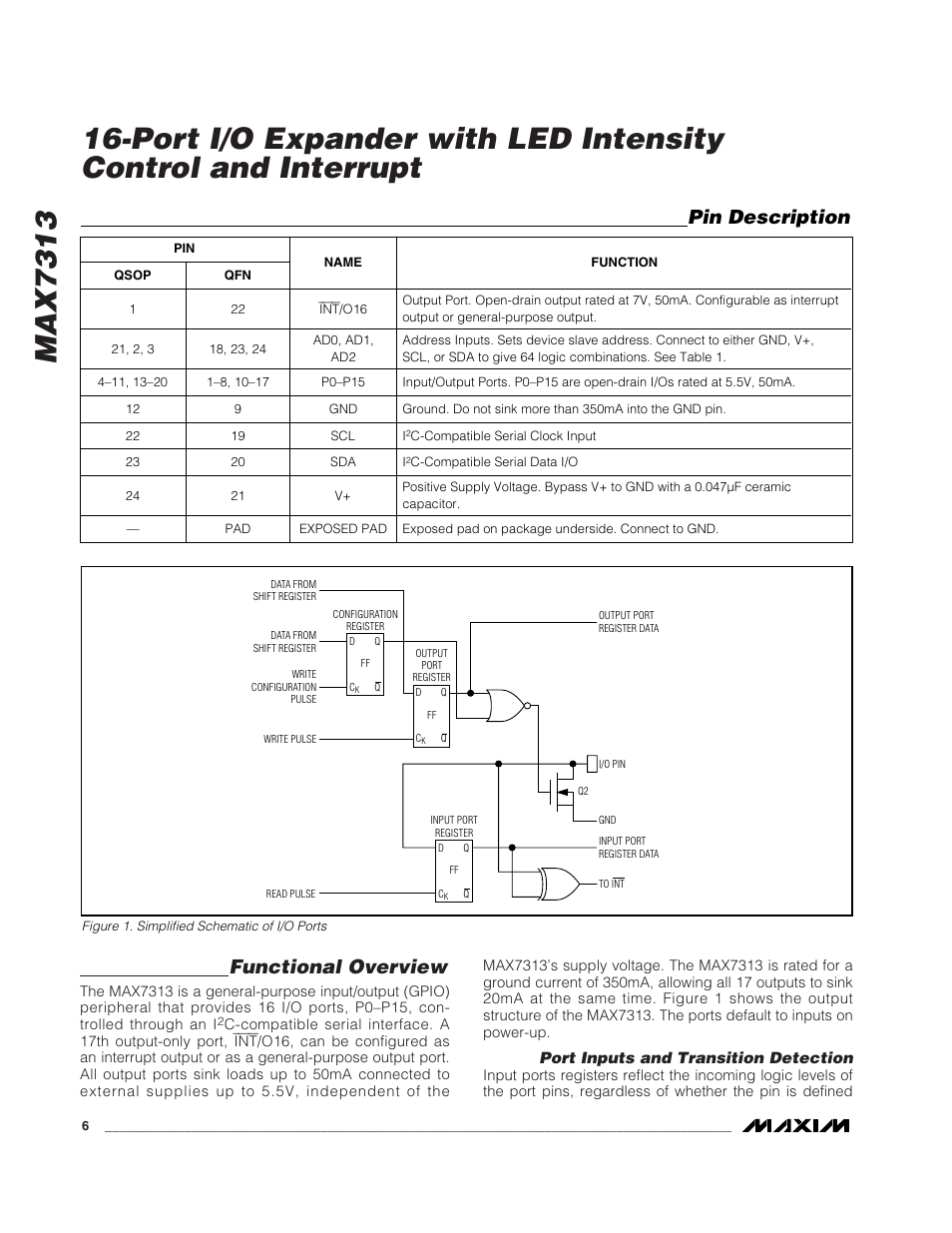 Max7313, Functional overview, Pin description | Rainbow Electronics MAX7313 User Manual | Page 6 / 27
