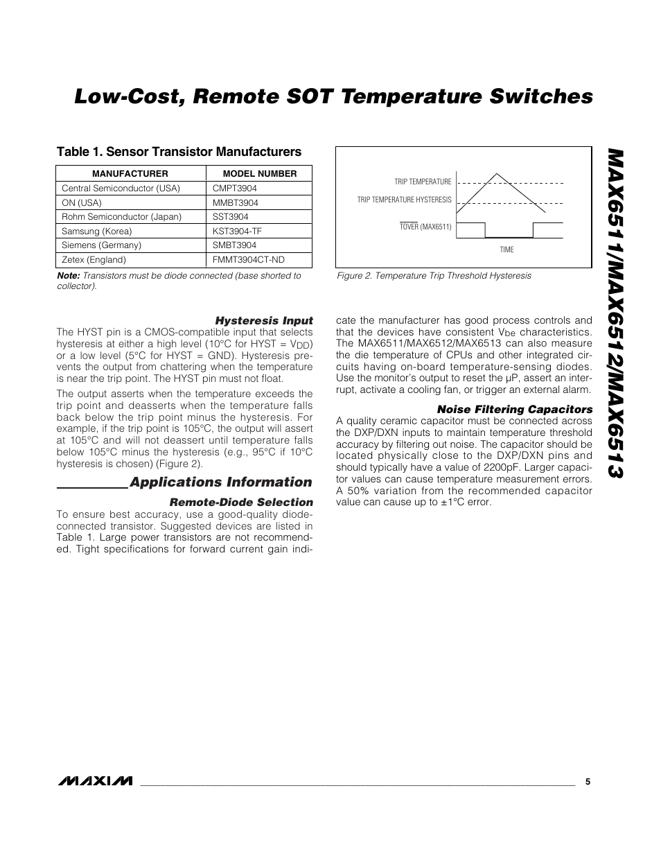 Applications information, Table 1. sensor transistor manufacturers | Rainbow Electronics MAX6512 User Manual | Page 5 / 7