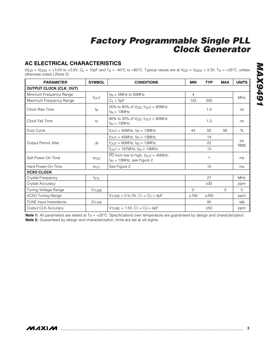 Ac electrical characteristics | Rainbow Electronics MAX9491 User Manual | Page 3 / 11