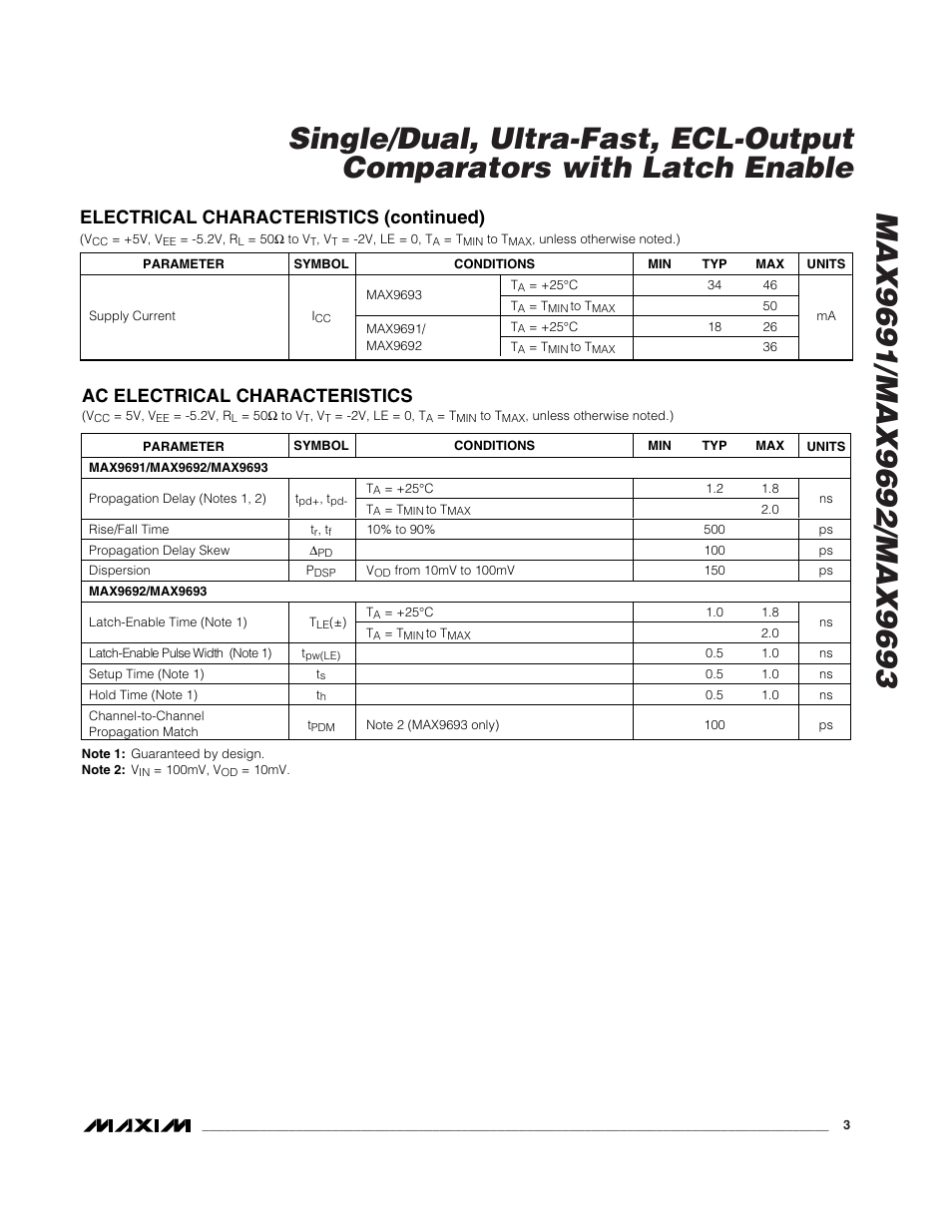 Electrical characteristics (continued), Ac electrical characteristics | Rainbow Electronics MAX9693 User Manual | Page 3 / 10