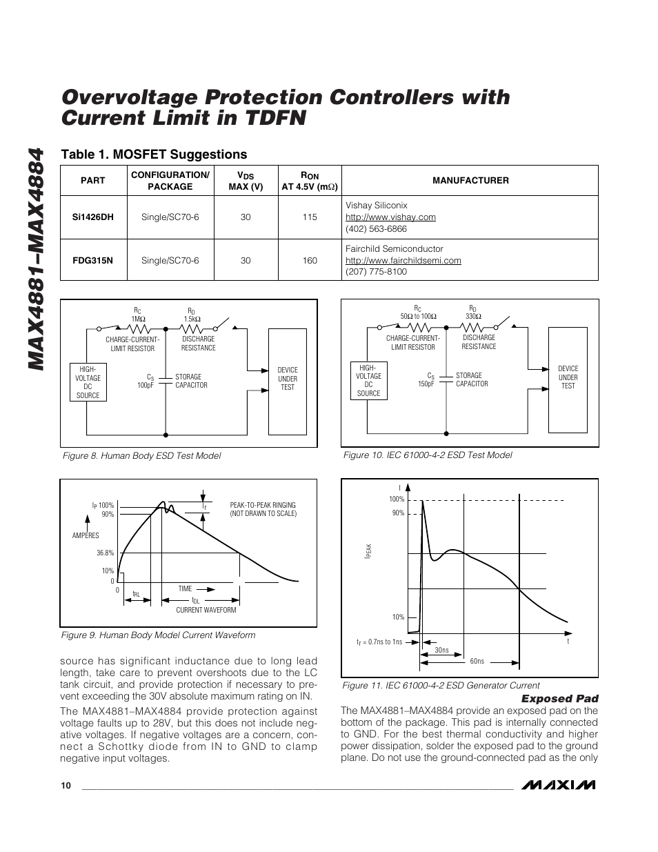 Table 1. mosfet suggestions, Exposed pad | Rainbow Electronics MAX4884 User Manual | Page 10 / 12