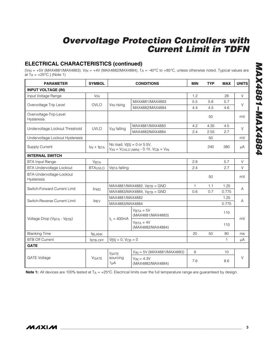 Electrical characteristics (continued) | Rainbow Electronics MAX4884 User Manual | Page 3 / 12