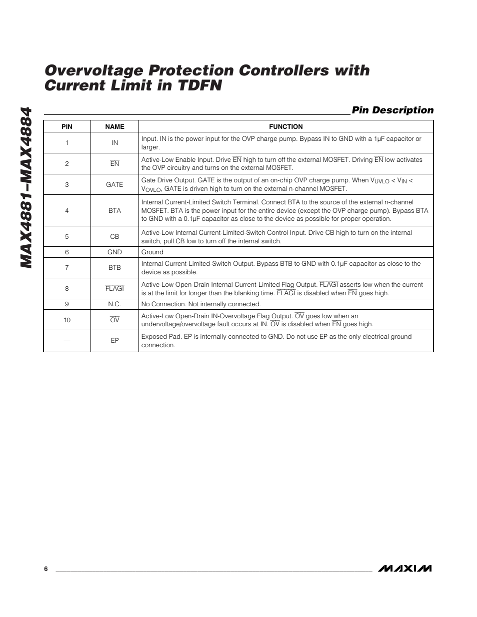 Pin description | Rainbow Electronics MAX4884 User Manual | Page 6 / 12