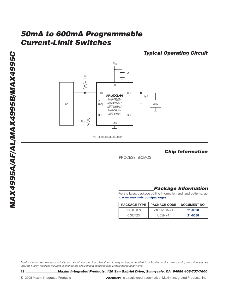 Typical operating circuit chip information, Package information | Rainbow Electronics MAX4995 User Manual | Page 12 / 12