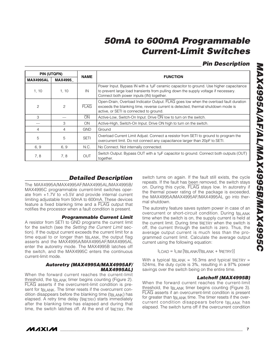 Detailed description, Pin description | Rainbow Electronics MAX4995 User Manual | Page 7 / 12