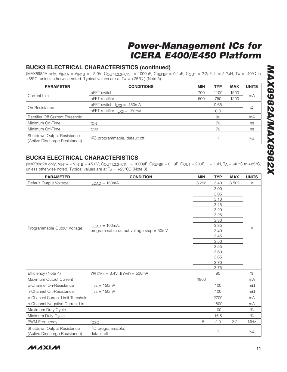 Buck4 electrical characteristics, Buck3 electrical characteristics (continued) | Rainbow Electronics MAX8982X User Manual | Page 11 / 73