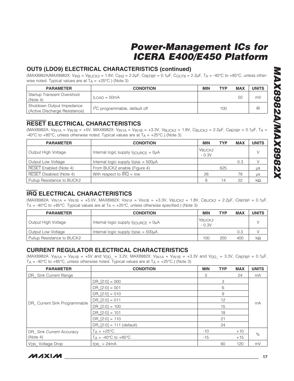 Reset electrical characteristics, Irq electrical characteristics, Current regulator electrical characteristics | Out9 (ldo9) electrical characteristics (continued) | Rainbow Electronics MAX8982X User Manual | Page 17 / 73