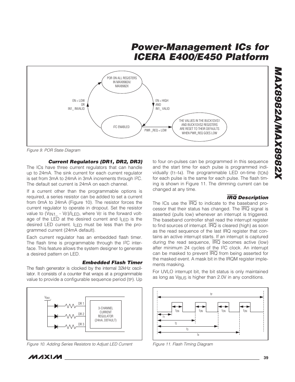 Figure 9. por state diagram, Figure 11. flash timing diagram, Current regulators (dr1, dr2, dr3) | Embedded flash timer, Irq description, Description | Rainbow Electronics MAX8982X User Manual | Page 39 / 73