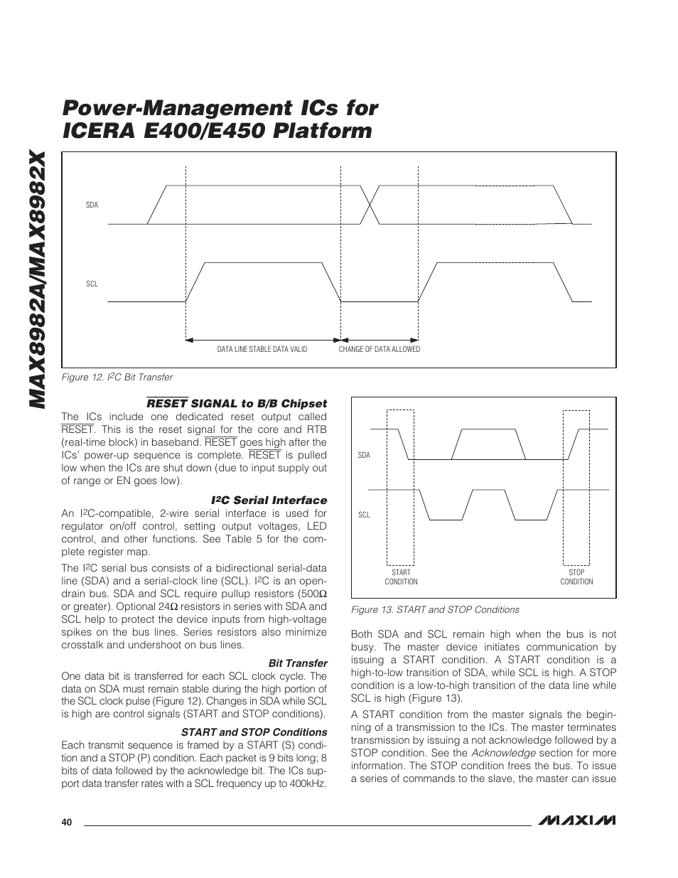 Figure 12. i2c bit transfer, Figure 13. start and stop conditions, Reset signal to b/b chipset | I2c serial interface, Bit transfer, Start and stop conditions, Reset, Signal to b/b chipset, C serial interface, Bit transfer start and stop conditions | Rainbow Electronics MAX8982X User Manual | Page 40 / 73