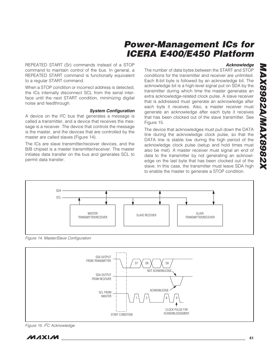 Figure 14. master/slave configuration, Figure 15. i2c acknowledge, System configuration | Acknowledge, System configuration acknowledge, Figure 14. master/slave configuration figure 15. i, C acknowledge | Rainbow Electronics MAX8982X User Manual | Page 41 / 73