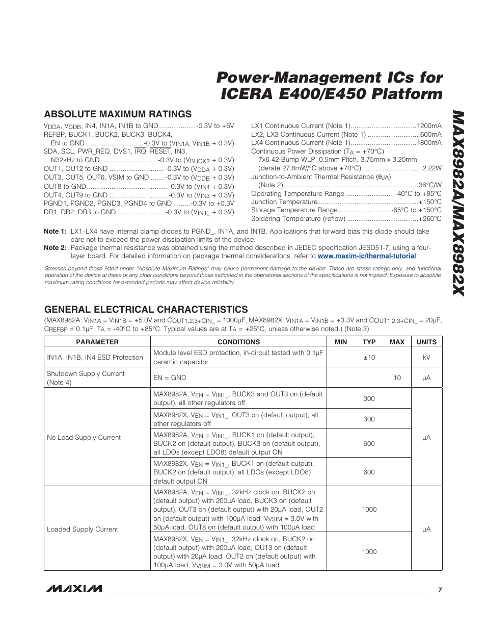 Absolute maximum ratings, General electrical characteristics | Rainbow Electronics MAX8982X User Manual | Page 7 / 73