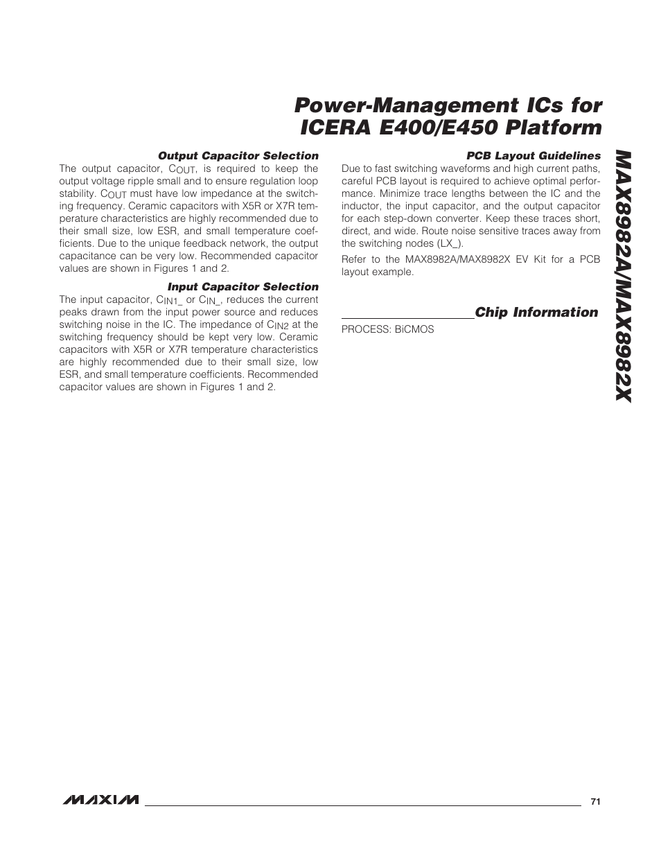 Output capacitor selection, Input capacitor selection, Pcb layout guidelines | Chip information | Rainbow Electronics MAX8982X User Manual | Page 71 / 73