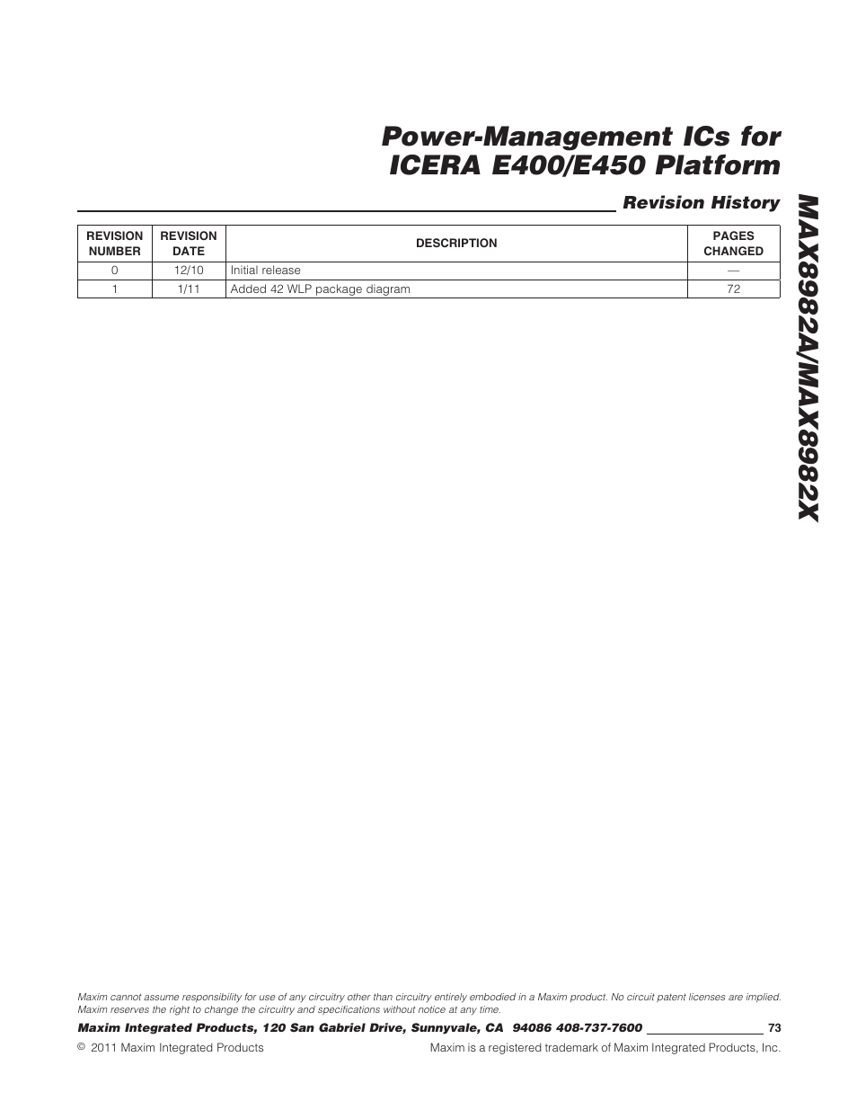 Revision history | Rainbow Electronics MAX8982X User Manual | Page 73 / 73