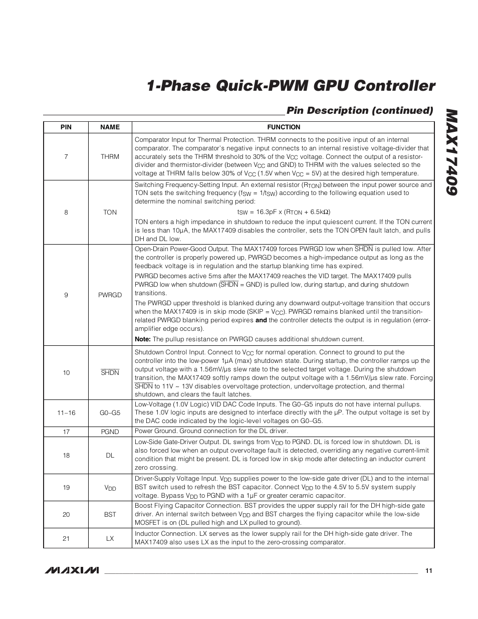 Pin description (continued) | Rainbow Electronics MAX17409 User Manual | Page 11 / 32