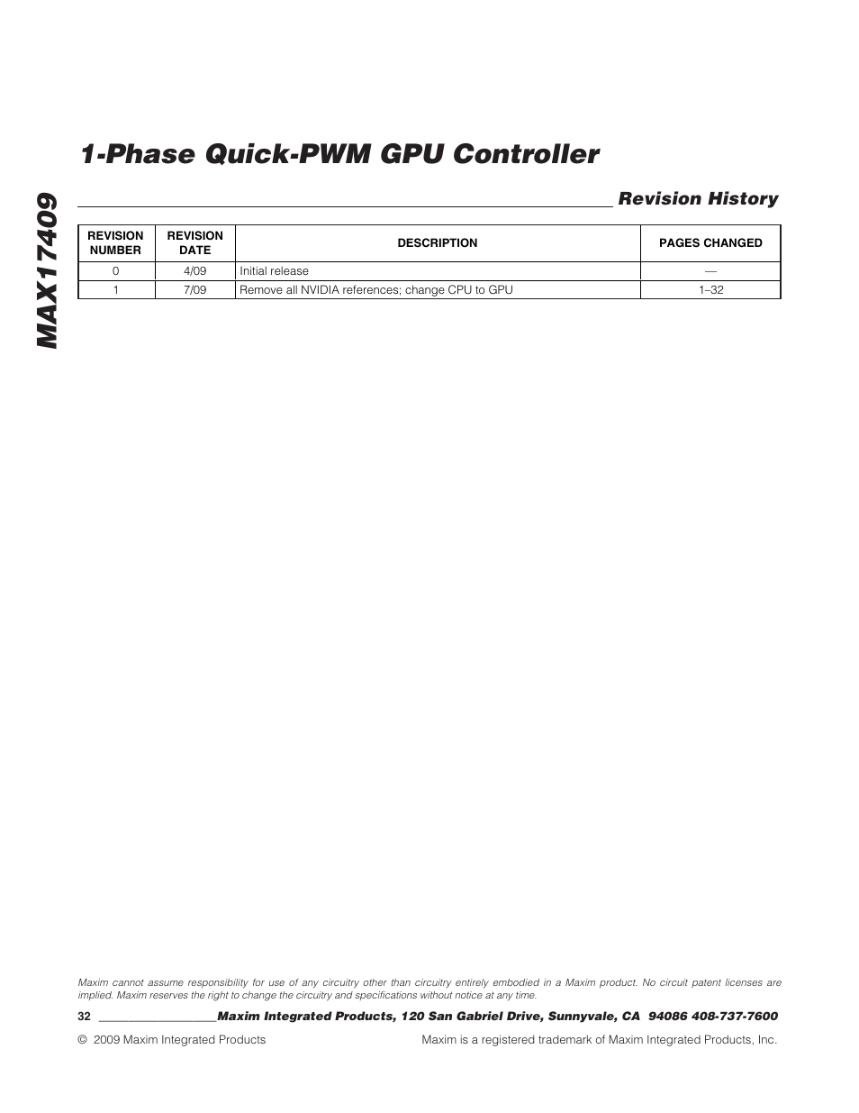 Revision history | Rainbow Electronics MAX17409 User Manual | Page 32 / 32