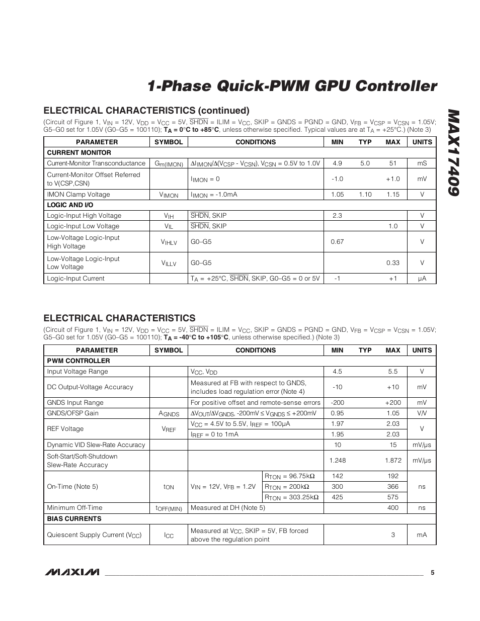 Electrical characteristics (continued), Electrical characteristics | Rainbow Electronics MAX17409 User Manual | Page 5 / 32