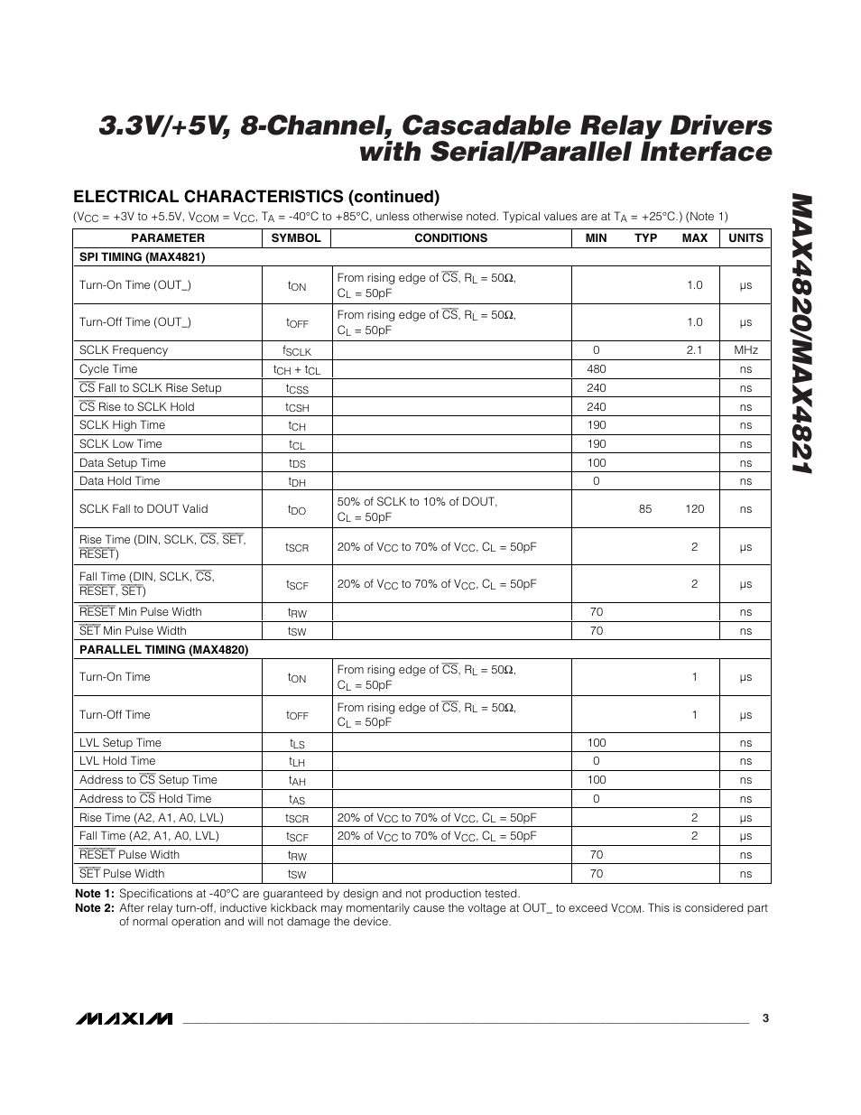 Electrical characteristics (continued) | Rainbow Electronics MAX4821 User Manual | Page 3 / 13