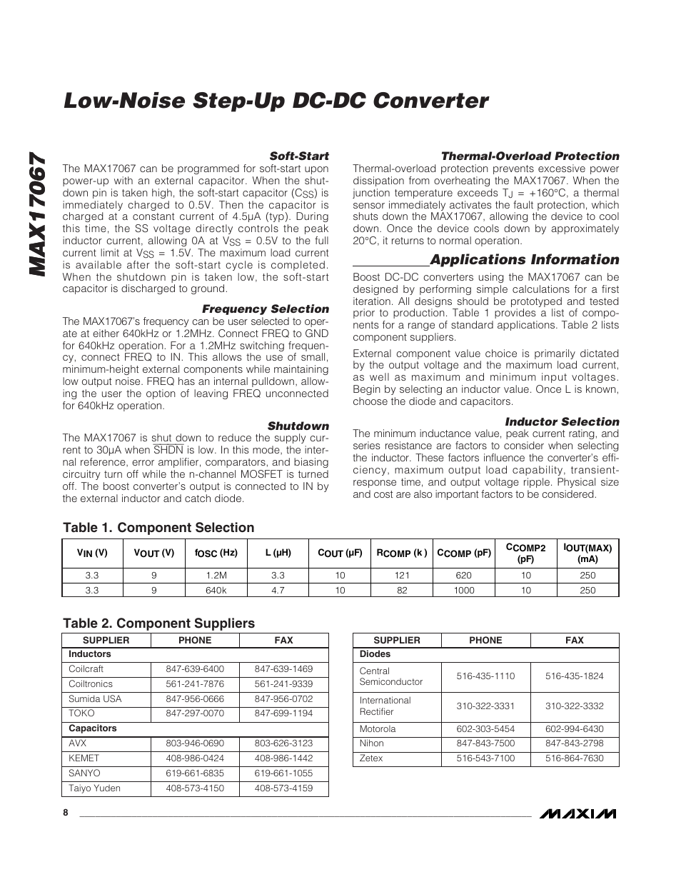 Applications information, Table 2. component suppliers, Table 1. component selection | Rainbow Electronics MAX17067 User Manual | Page 8 / 13