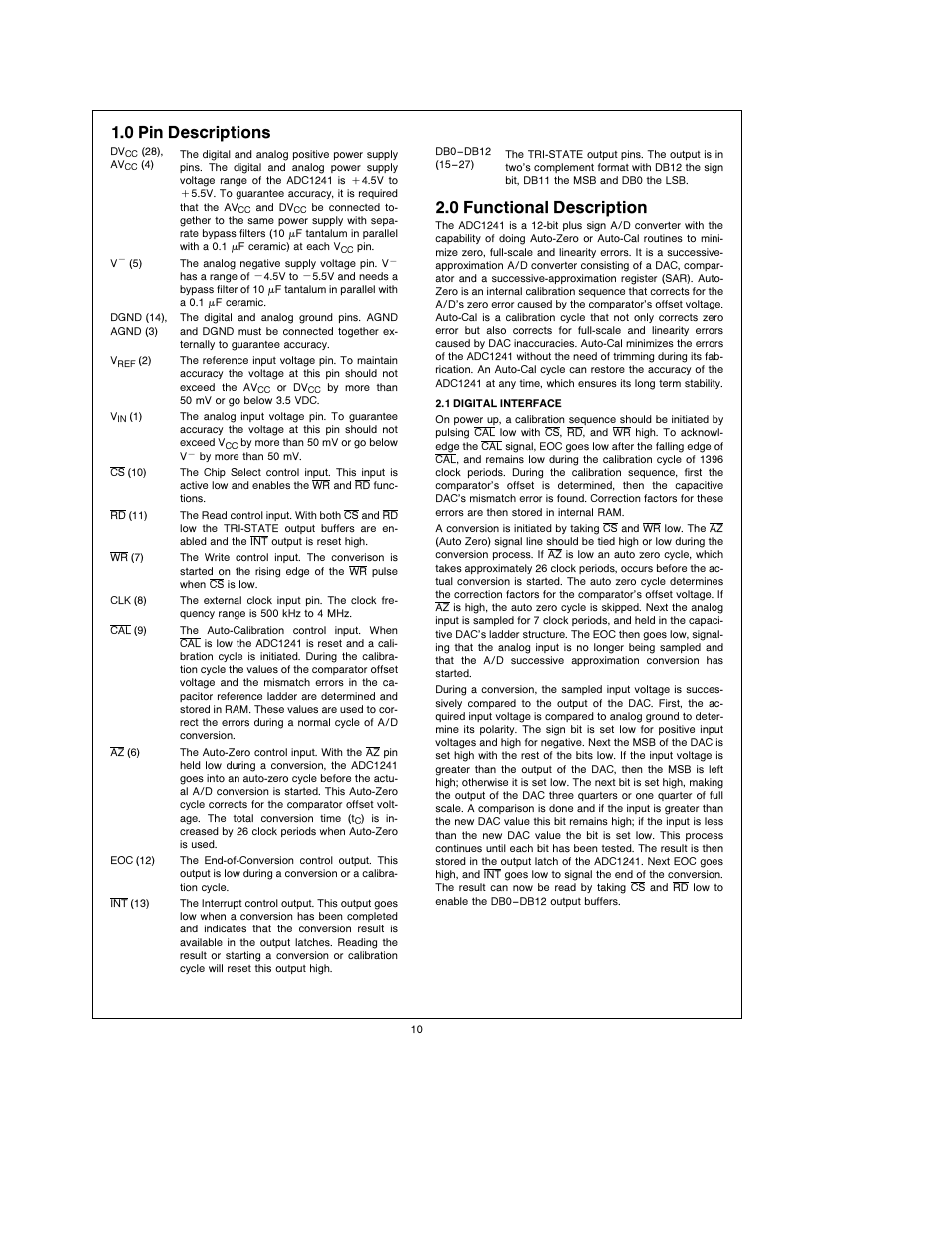 1 0 pin descriptions, 2 0 functional description | Rainbow Electronics ADC1241 User Manual | Page 10 / 14