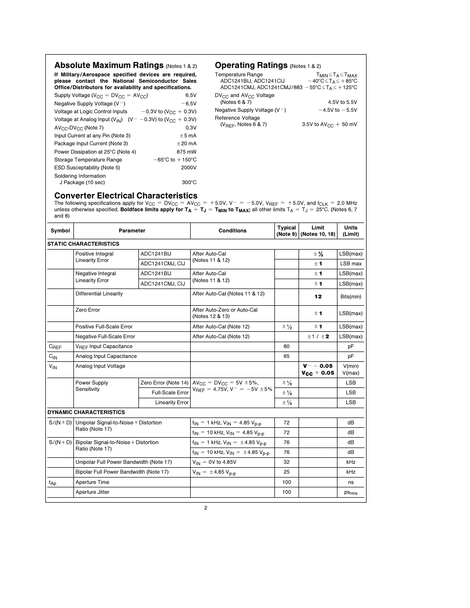 Absolute maximum ratings, Operating ratings, Converter electrical characteristics | Rainbow Electronics ADC1241 User Manual | Page 2 / 14