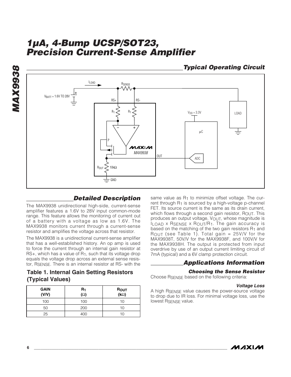 Detailed description, Applications information, Typical operating circuit | Rainbow Electronics MAX9938 User Manual | Page 6 / 9