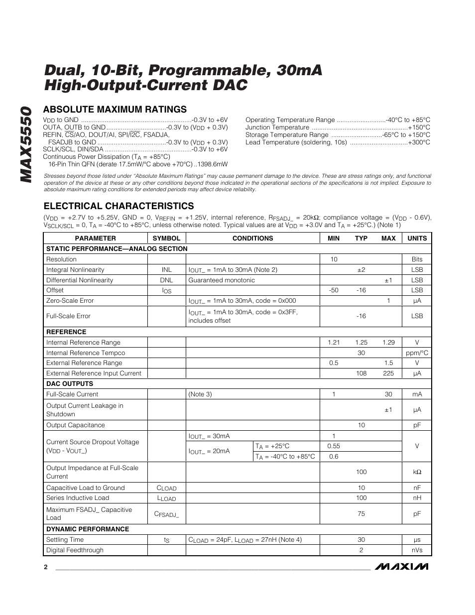 Absolute maximum ratings, Electrical characteristics | Rainbow Electronics MAX5550 User Manual | Page 2 / 15