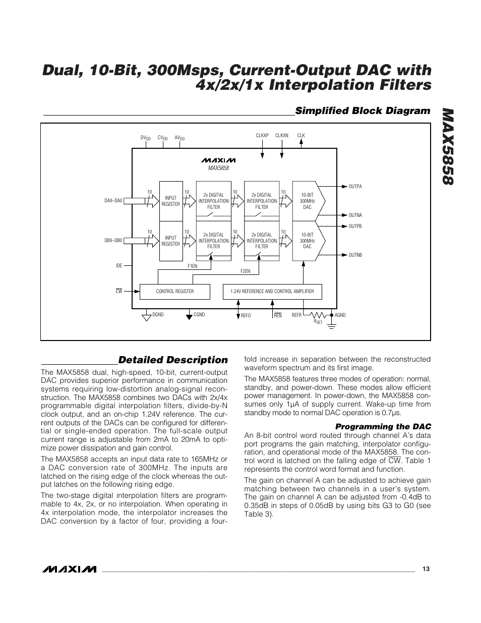 Detailed description, Simplified block diagram, Programming the dac | Rainbow Electronics MAX5858 User Manual | Page 13 / 23