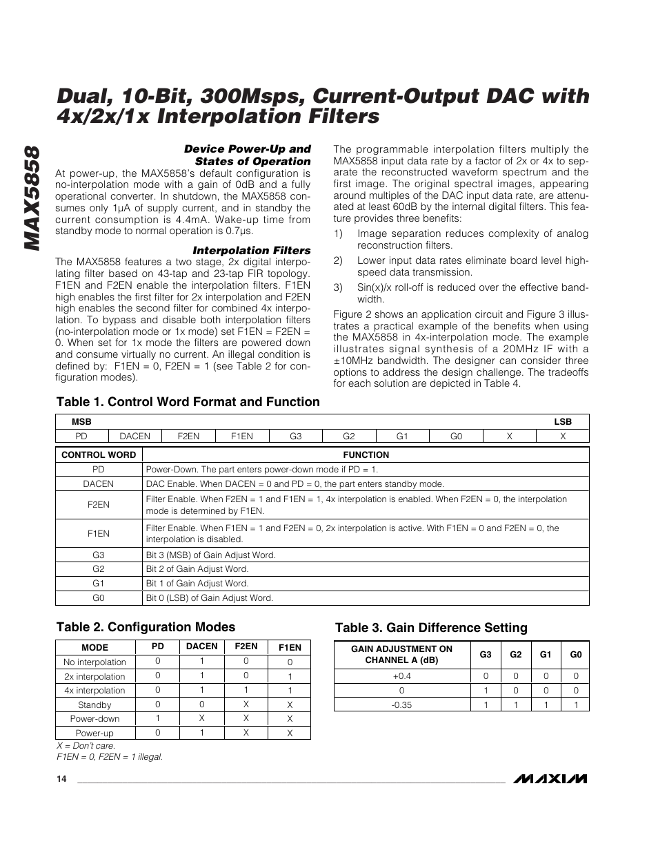 Table 1. control word format and function, Table 2. configuration modes, Table 3. gain difference setting | Rainbow Electronics MAX5858 User Manual | Page 14 / 23