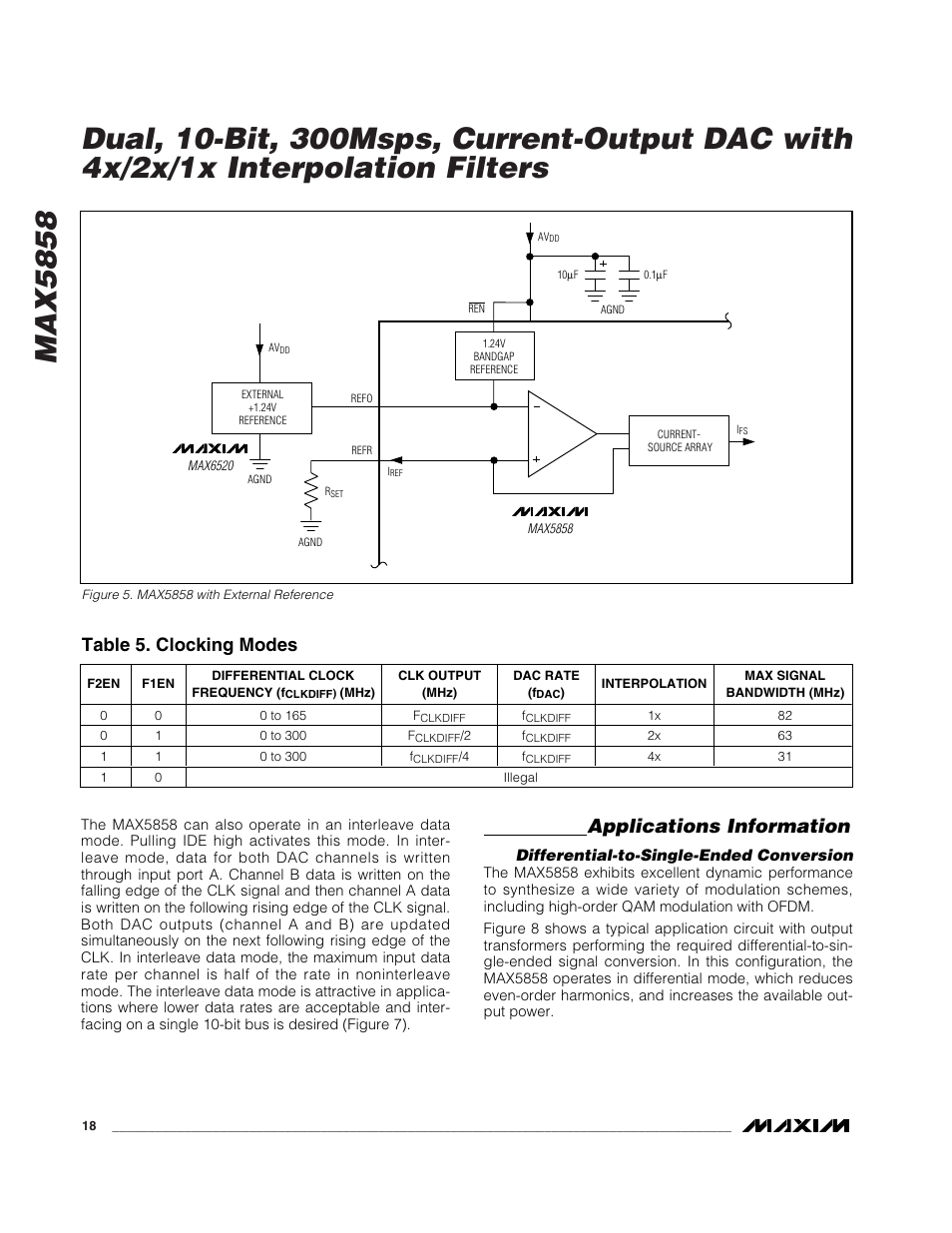 Applications information, Table 5. clocking modes | Rainbow Electronics MAX5858 User Manual | Page 18 / 23