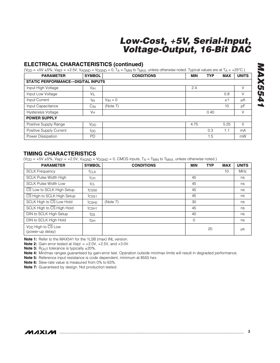 Electrical characteristics (continued), Timing characteristics | Rainbow Electronics MAX5541 User Manual | Page 3 / 9